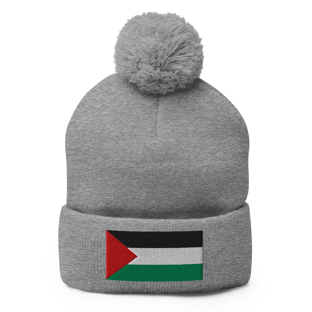 Pom-Pom Beanie - Palestine Flag, Pom Pom Knit Cap Heather Grey