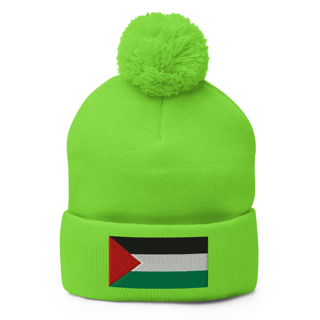 Pom-Pom Beanie - Palestine Flag, Pom Pom Knit Cap Neon Green