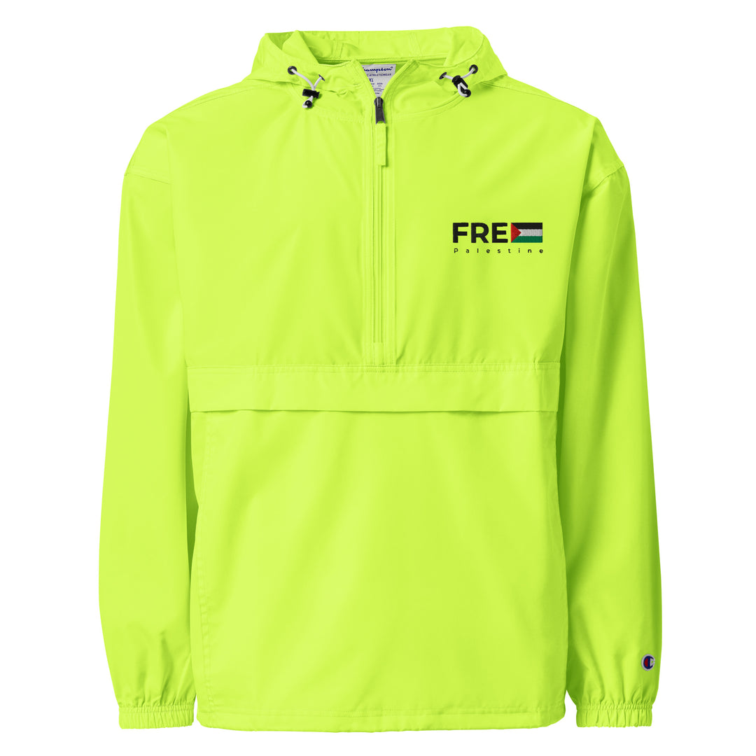 Women Embroidered Champion Packable Jacket - Free Palestine, Embroidered Champion Packable Jacket Safety Green