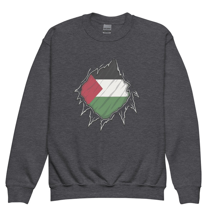Youth Crewneck Sweatshirt - Palestine Hero, Dark Heather