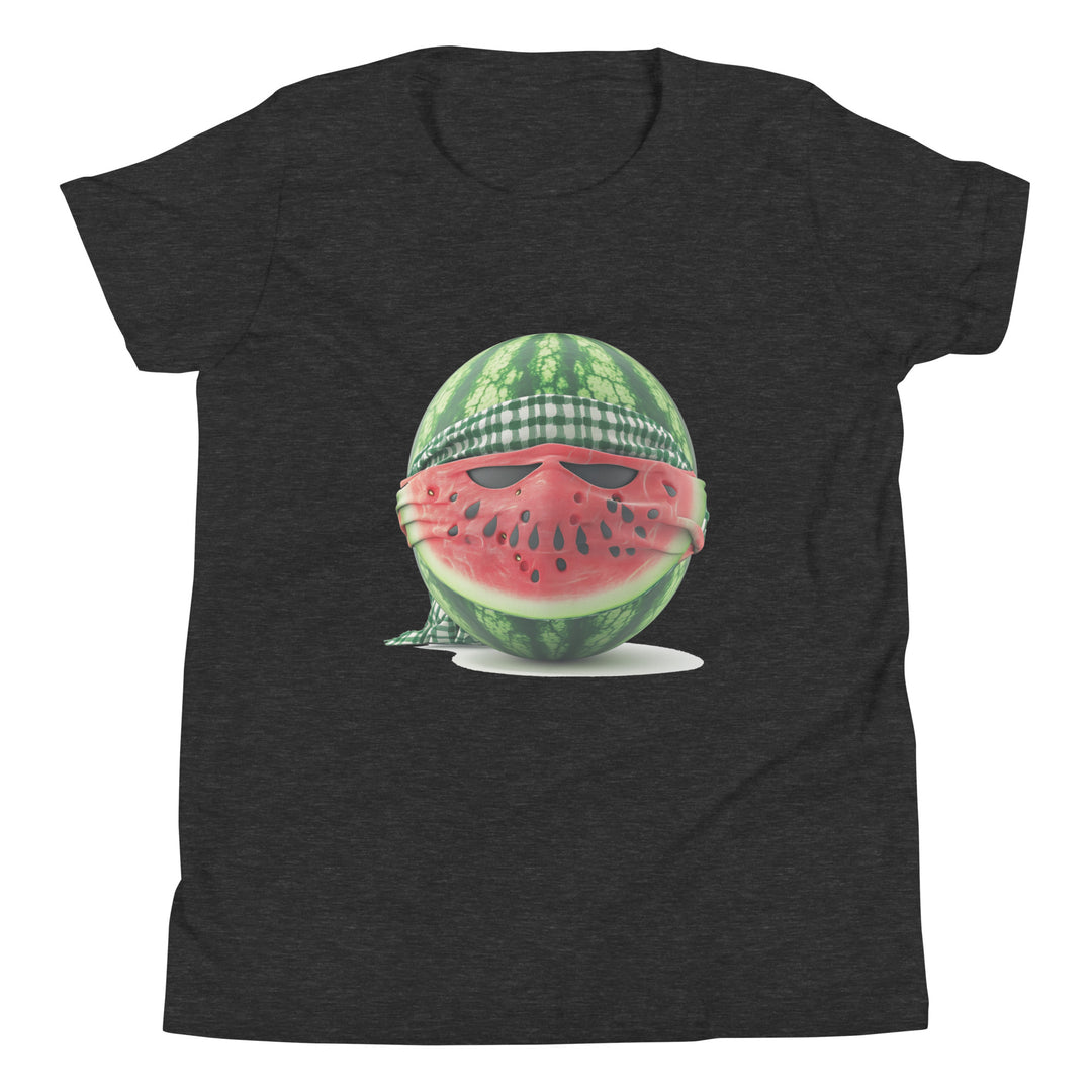 Youth Short Sleeve T-Shirt - Palestine Watermelon Fighter, Dark Grey Heather