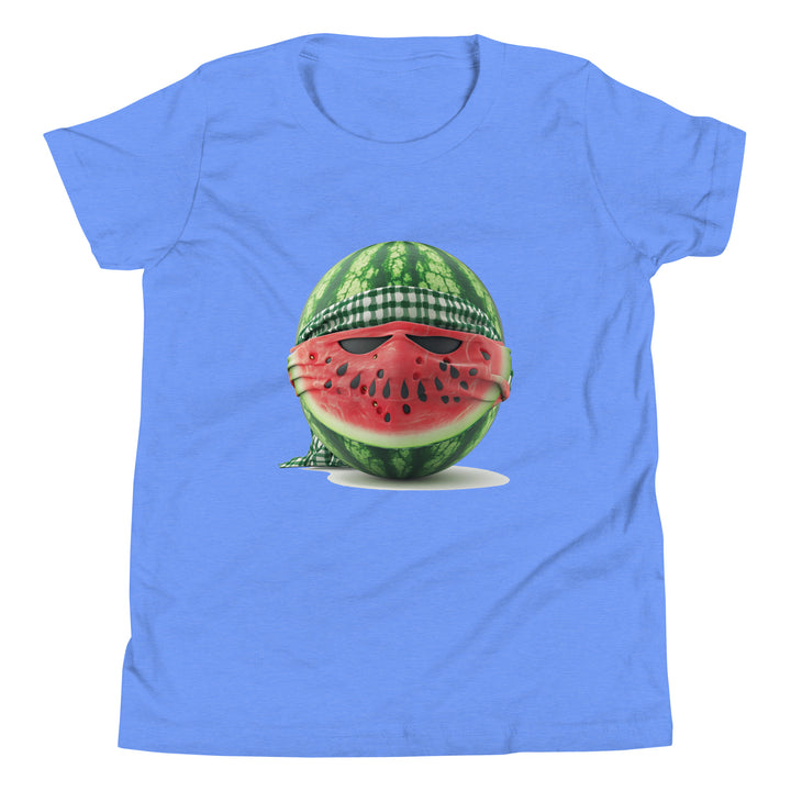 Youth Short Sleeve T-Shirt - Palestine Watermelon Fighter, Heather Columbia Blue