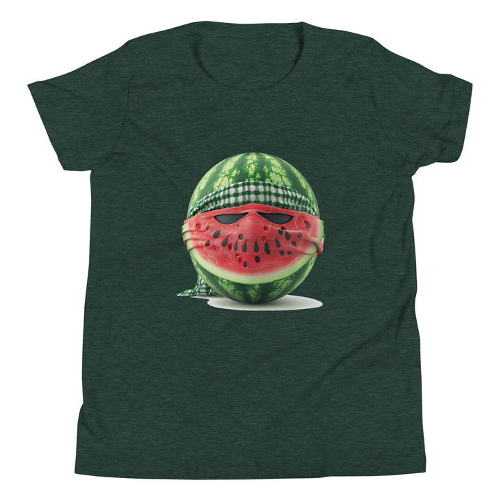 Youth Short Sleeve T-Shirt - Palestine Watermelon Fighter, Heather Forest