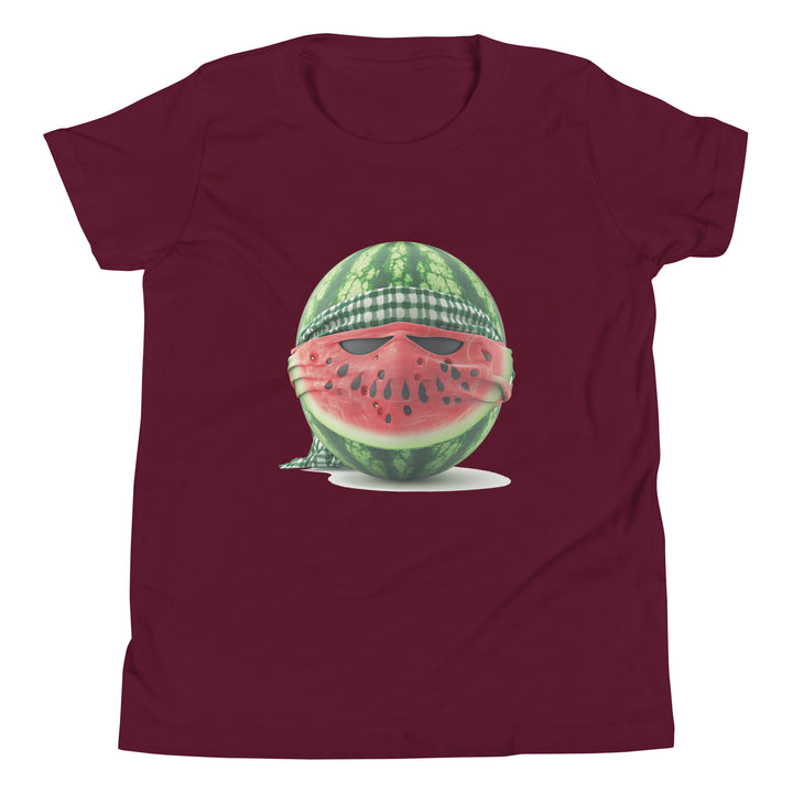 Youth Short Sleeve T-Shirt - Palestine Watermelon Fighter, Maroon